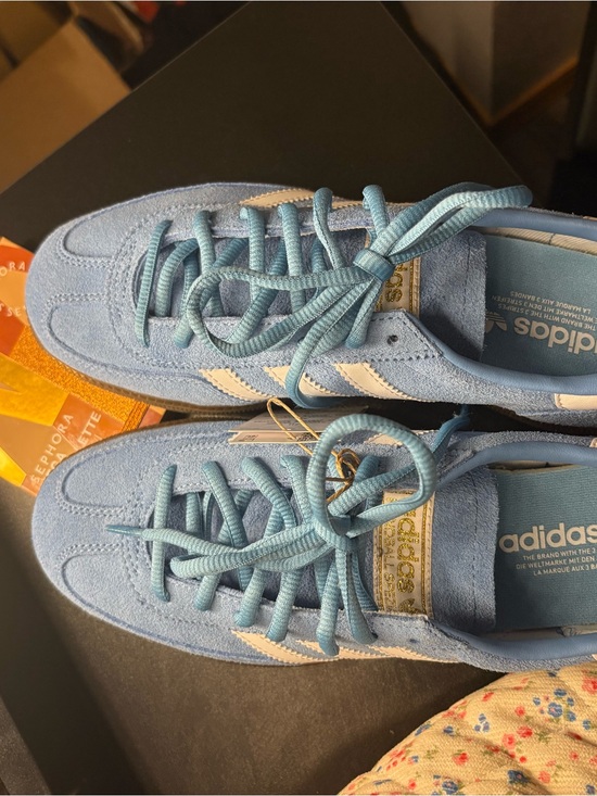 adidas Shoes - adidas Sky Blue Suede Sneakers with White Stripes